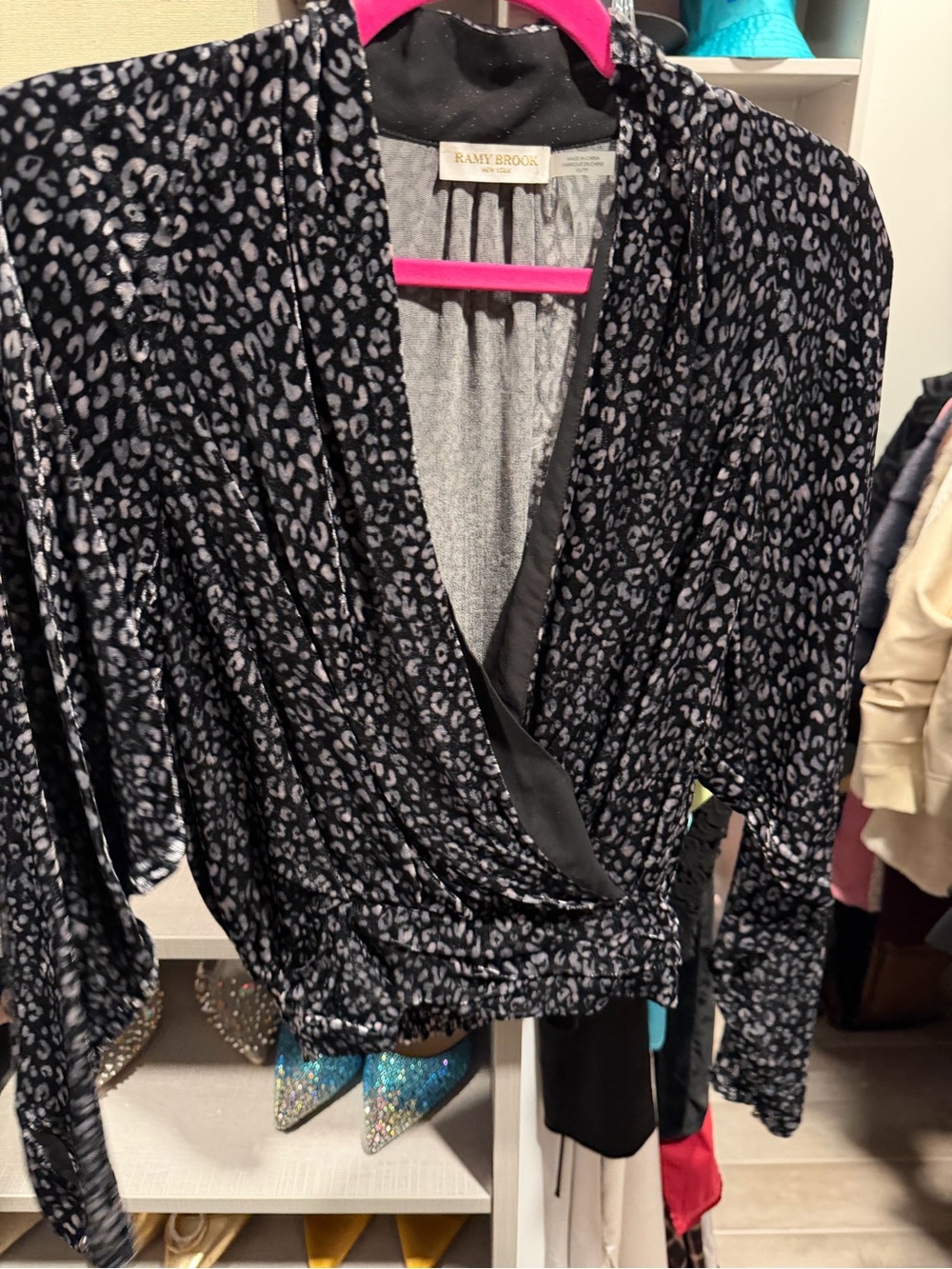 Ramy Brook Black and Pink Leopard Wrap Blouse
